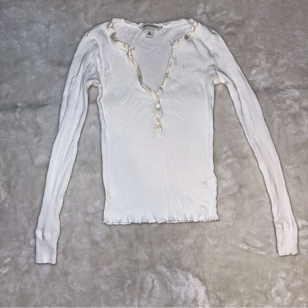 Y2K Banana Republic White V-Neck Ribbed Long Sleeve Top Size XS